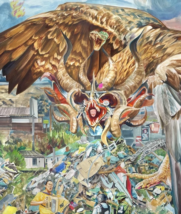 Placeholder for Alejandro Galván Las Estrellas me iluminan al revés 2022 Watercolor pencil and ink on wood 180 x 244 cm Image by Gert Jan van Rooij